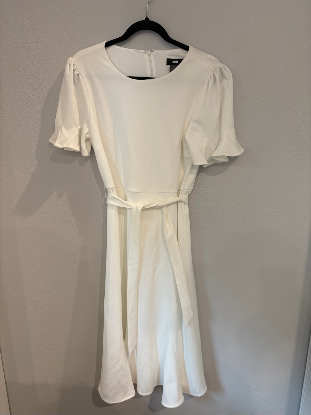 DKNY White Puff-Sleeve Belted Midi Dress